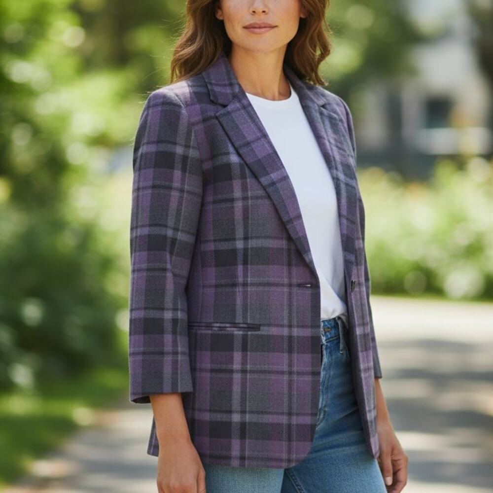Vintage Sag Habor Estilo Purple Black Plaid Wool Blend One Button Blazer Size 14 - Picture 7 of 7